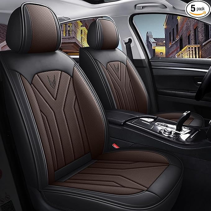 Car Seat Covers Full Set 3D Foam Back Support, 5 Seats Universal Fit for Most Cars, Nappa Leather Car Seat Cushion Super Breathable, Storage Bags, All Season, Black Coffee Car Seat Cover