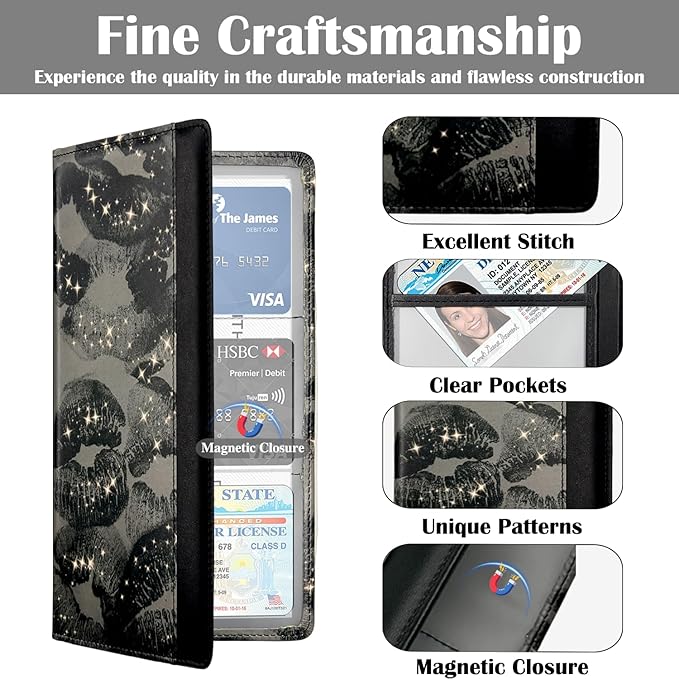 FinestHouse Car Registration and Insurance Holder with Magnetic Closure, Universal Document Organizer for License, Insurance Cards & Glove Box Storage (Lip print-Black)