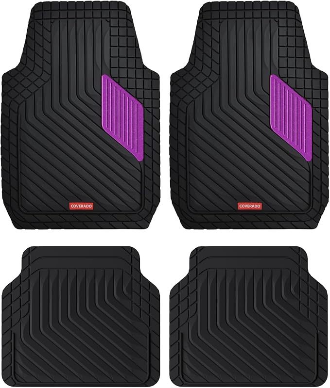 Coverado Car Floor Mats Full Set – Heavy-Duty PVC Floor Mats with Purple Metallic Heel Pad, All-Weather Protection for Front & Rear, Non-Slip Backing, Easy-Clean Interior Liners
