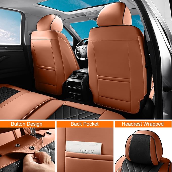 GEZHOUBA Black Brown Car Seat Covers Full Set, Luxury Leather Brown Seat Covers for Front and Rear Seats Waterproof Anti-Slip Full Wrapped Universal Fit for Most 5-Seater Cars SUVs