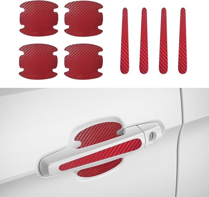 8PCS Car Door Handle Scratch Protectors, Carbon Fiber Car Door Handle Bowl Sticker, Universal Door Handle Protective Film for Most Cars (Red)