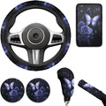 White Butterfly Steering Wheel Covers Set for Women Rose Flower Cup Coaster Armrest Cover Handbrake Gear Cover Suit for Most Cars Truck Vans SUV