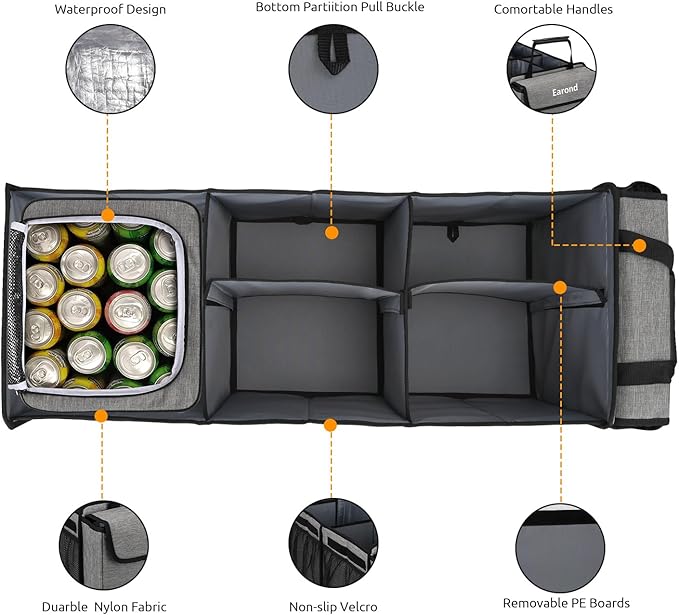EAROND Collapsible Trunk Organizer with Insulated Leakproof Cooler Bag,Removable Lid,Adjustable Securing Straps,3 Compartments Trunk Organizer for SUV,Truck,Sedan(Light Grey)