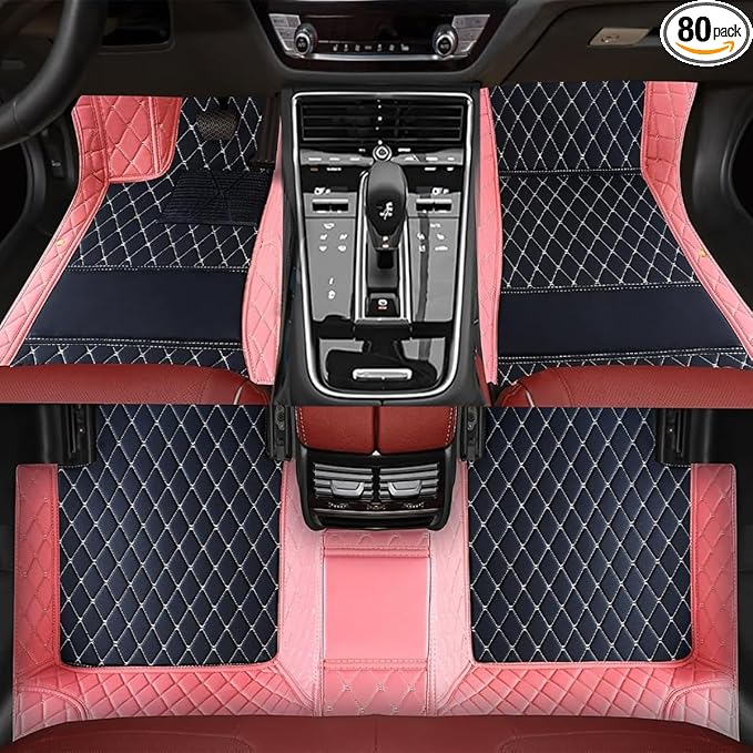 TREGOO All Weather Car Mats Custom Fit Non Slip Floor Mats for 1998-2025 Cars Personalized Leather Protection Pads Suitable for Men Women (Edge Pink, Black Beige)