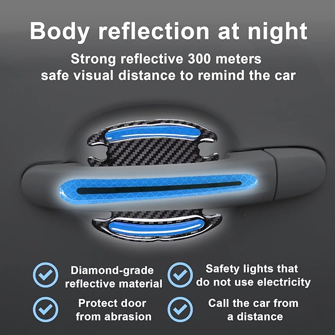 8Pcs 3D Car Door Handle Cup Protector, Reflective Stripe Stickers Anti-Scratch Universal Protector Suitable for Cars, Trucks, SUVs (Blue)
