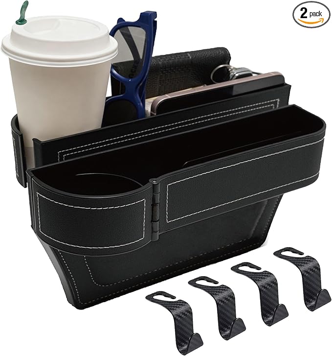 LELOYMO Car Seat Gap Filler Organizer,2 Pack Gap Filler for Car,Seat Gap Storage Box with Cup Holder Expander,Car Organizer Front Seat for Holding Phone, Glasses, Keys, Cards(Black)