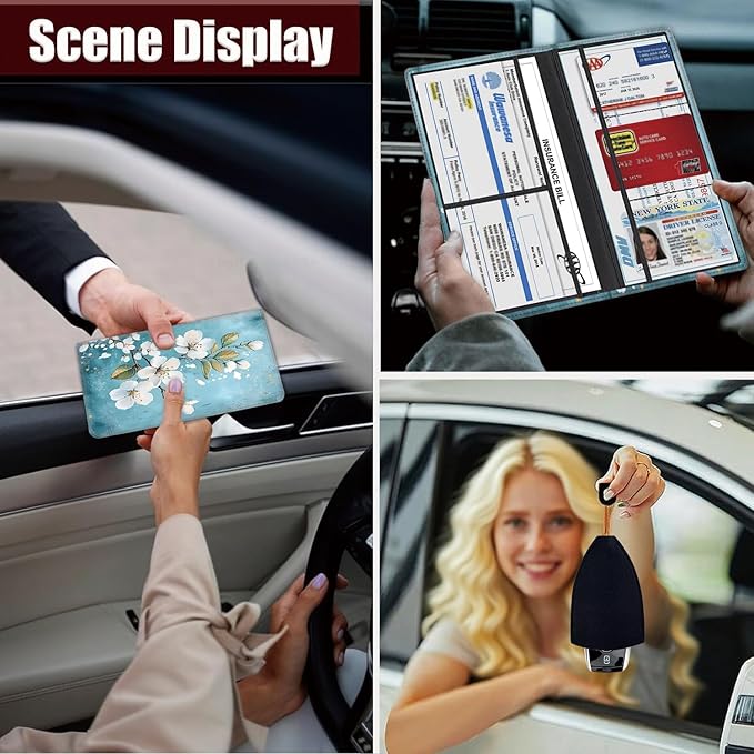 Car Registration Holder, PU Leather Vehicle Glove Box Organizer for Driver License, Document, Car Insurance Holder with Magnetic Shut, Auto Paperwork Wallet Case Accessories, White Flowers Pattern