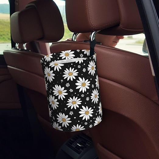 White Daisy Car Trash Can Garbage Cans Foldable,Cute Hanging Car Organizer and Storage Bag Leak Proof, Auto Back Seat Trash Bin Universal for Truck, SUV, Outdoor Travel