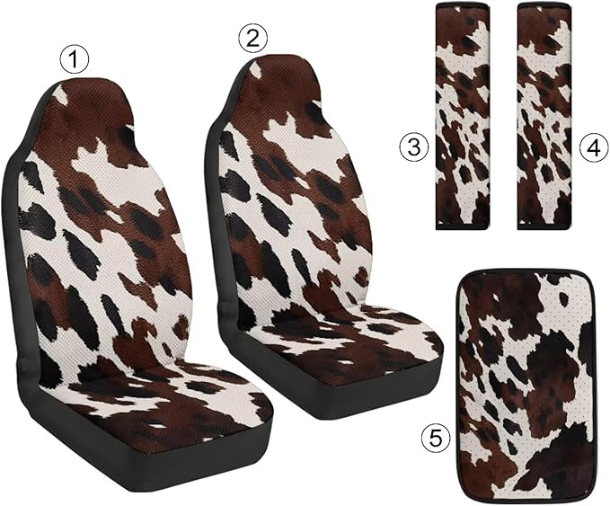Qeluxign Cow Print PU Leather Car Seat Cover Set of 5 Auto Accessories 2 Front Bucket Seat Covers, 2 Seatbelt Pads & 1 Armrest Cover, Easy to Install