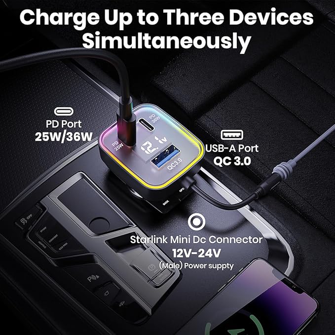 4-in-1 Starlink Mini Car Charger Adapter | 12V-24V Cigarette Lighter to DC5521 + QC3.0 USB-A + Dual USB-C PD (25W & 36W) | Compatible with Starlink Mini & Other Devices (Car Charger with DC Port)