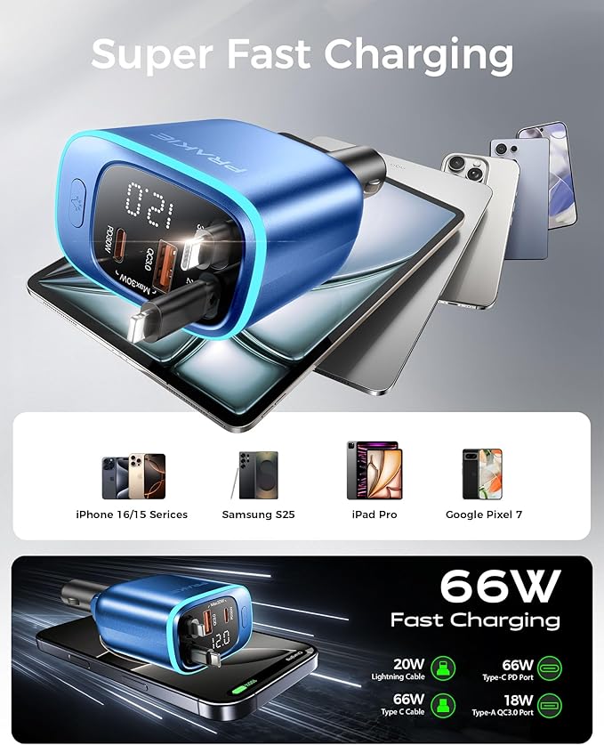 Car Charger, iPhone Fast USB C Phone Car Charger, Cigarette Lighter Adapter with 2 Cables 30 Inch and 2 USB Ports, Retractable 4 in 1Multi Port USB Car Charging for iPhone 17/16/15/14/13/Pro Max-Blue
