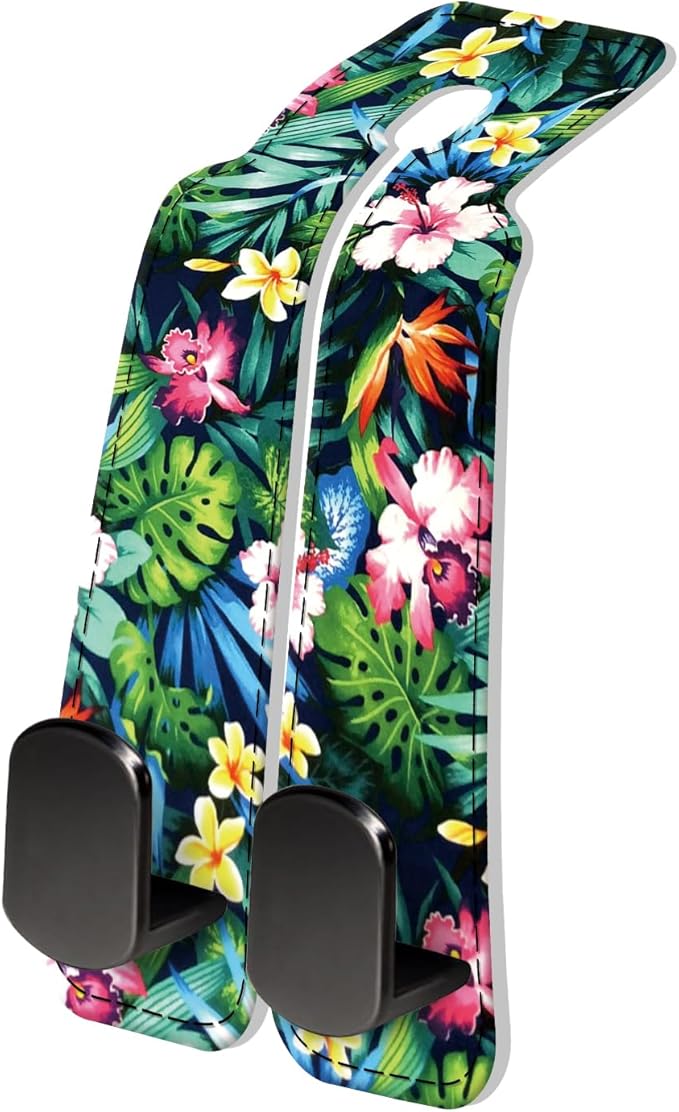 AXRQLSU PU Leather Car Seat Hook, Storage Headrest Hanger, Cute Car Backseat Organizer, Car Hooks for Purses and Bags Tropical Hibiscus Leaves