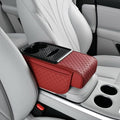 Car Center Console Armrest Pad, Arm Rest Box Cushion with Ergonomic Height Boost, Storage Pockets, Built-in Tissue Box, Cupholder, Fit for Most Sedan Vehicles (Embossing Checkerboard, Burgundy)