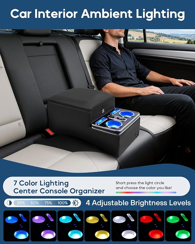 Upgraded Center Console with Lock, Truck Bench Front Seats Center Console Organizer and Storage, Cup & Phone Holder for Minivan, SUV, Middle Van, Fast Phone Charging & 7-Color Adjustable LED Lighting