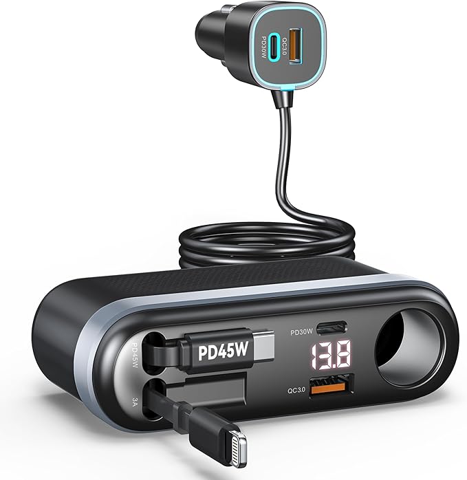 7-in-1 295W Cigarette Lighter Splitter, Cigarette Lighter Adapter with Retractable 45W USB-C/30W Lightning Cables, Car Charger Adapter with LED Voltage Display,5FT Extension Cord for All Car Devices