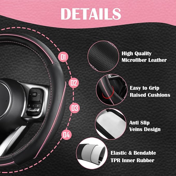CAR PASS Car Seat Covers Full Set for Women Girls with Waterproof Car Floor Mats,Anti-Slip Leather Steering Wheel Cover,Universal Fit for SUVs,Vans,Trucks,Sedans,Cars (Combo Set,Black & Pink)