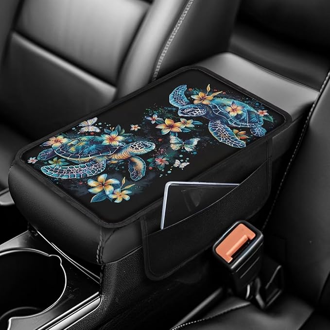 Dreaweet Sea Turtle Car Accessories Center Console Cover Black Car Arm Rest Cover,Car Armrest Box Pad with Pockets,Soft Comfy Arm Rest Cushion Pads for SUV Truck Sedan Vehicle