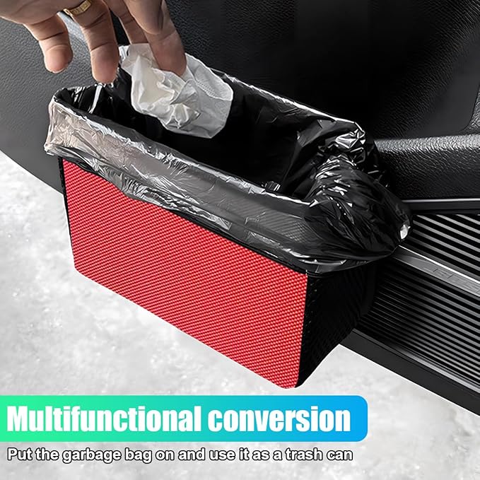 Car Trash Can, Foldable Waterproof Leather Trash Bin Garbage Organizer, Multi-Pocket Mini Hanging Storage Container, Universal Auto Interior Accessories for Cars, SUVs, Trucks (Red)