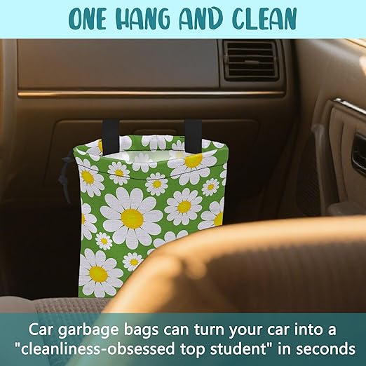 KXWQTRDD Car Garbage Bag Abstract Daisy Flowers Drawstring Car Trash Bag Hanging for Back Seat with Adjustable Buckle Canvas Vehicle Trash Can Easy-to-Install