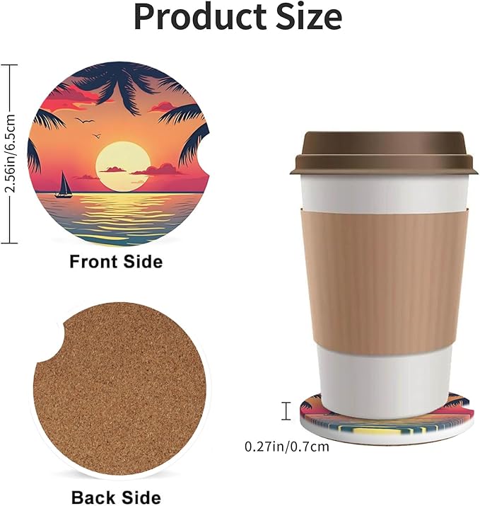 HUWAAI Beach Sunset Palm Trees Car Cup Holder Coasters 2 Pack Universal 2.63 Inch Anti Slip Ceramic Absorbent Coaster with Cork Base and Finger Notch Cute Car Accessories Interior for Women