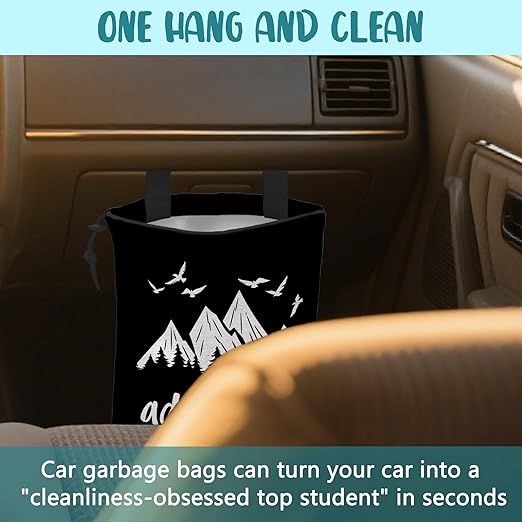KXWQTRDD Adventure Awaits Car Garbage Bag Mountain and Bird Hanging Canvas Car Trash Bag Drawstring Car Back Seat Organizer for Car Back Front Seat Console with Adjustable Buckle