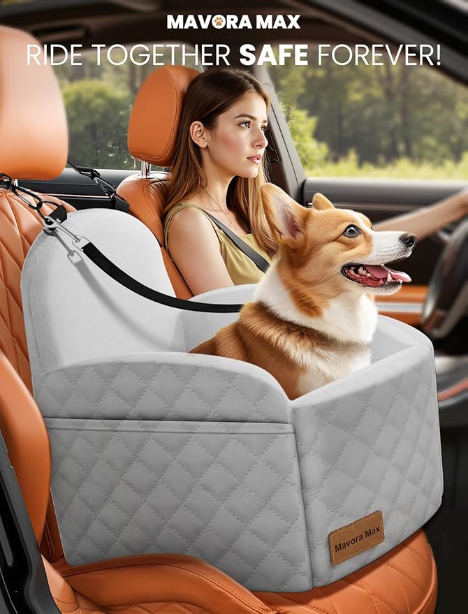 Mavora Max Dog Car Seat for Small/Medium Dogs, Elevated Dog Booster Seat Memory Foam Puppy Car Seat with Washable Cover, Travel Safety Pet Seat for Car with Storage Pockets Up to 35 lbs (Grey)