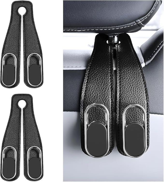 Car Seat Headrest Double Hook, 2PCS Multifunctional Soft Leather Vehicle Purses & Bags Holder, Hidden Design Automotive Interior Storage Hanger, Universal for SUV, Truck, RV (Black)