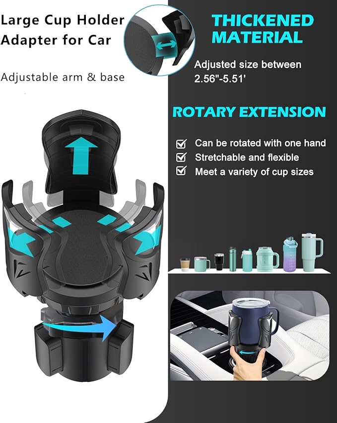 Cup Holder Expander for Car with Adjustable Adapter, Easkkty All Purpose Car Cupholder Extender Organizer with Expandable Base Universal Fit Cup Holder for Most 32 oz Large Drink Bottle&Mugs Foods