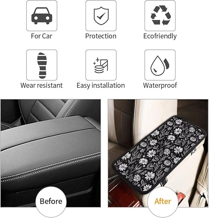 Daisy Car Center Console Cover Black White Floral Armrest Cushion Cute Arm Rest Protector Interior Accessories Fit for Most Cars Sedans Vans Truck Vehicles SUV