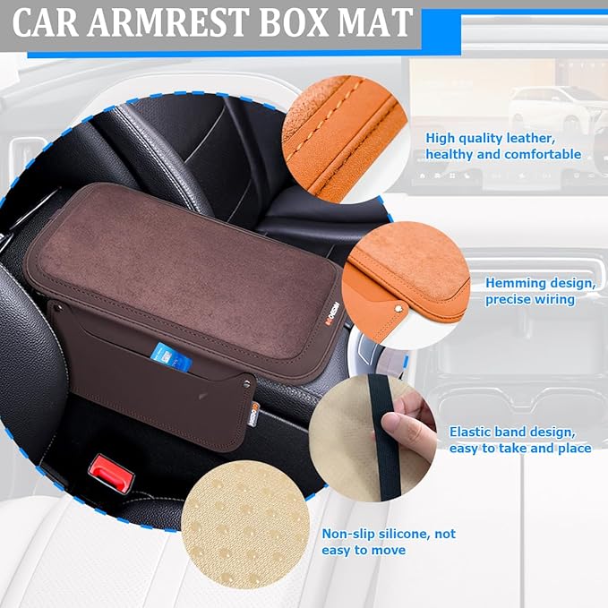 Car Center Console Cover, Leather Furry Fluffy Armrest Seat Box Cushion Pad with 2 Storage Bags, Comfortable Auto Interior Middle Console Protector, Compatible with Most Vehicle (Coffee)