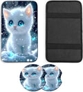 JANENFNA Car Armrest Cover Pads Universal Fashion Cute Auto Center Console Armrest Cover Pad with 2PCS Car Coasters Soft Waterproof Car Armrest Seat Protector for Women,Snow White Kitten