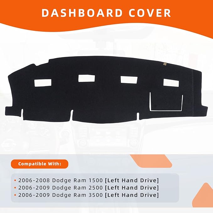 KEYOOG Dashboard Cover Dash Mat Fit for 2006-2008 Do-dge Ram 1500, 2006-2009 Ram 2500 3500 (for Left Hand Drive),Car Dash Board Mat Anti-Glare Carpet,Non-Slip Pad Sunshield Protector (Black)