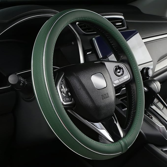 ALEMODR Custom Leather Steering Wheel Cover for Ford F-150, F-250, F-350, Expedition, Green Steering Wheel Protector