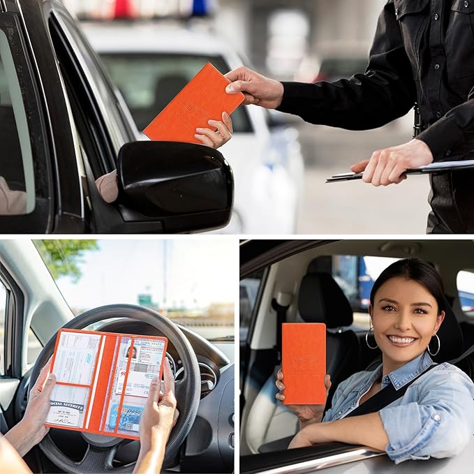 Peisicne Car Registration and Insurance Card Holder for Women Men, Orange Glove Box Paperwork Organizer with Magnetic Buckle for Easy Access and Protect Documents and Various Cards in Vehicle