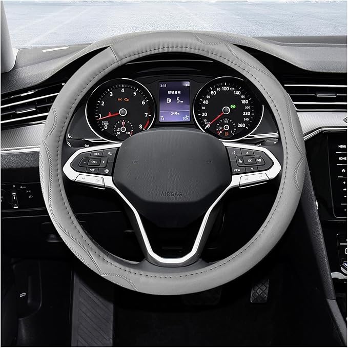 15 Inch Leather Steering Wheel Cover, Breathable Anti-Slip Steering Wheel Protector Cover, Elastic Soft Comfortable Universal Wheel Cover for Men and Women, Car Accessories (Gray)