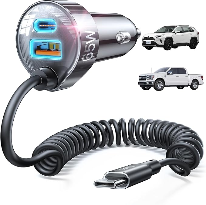LISEN 65W Cigarette Lighter USB Charger【6.6 ft for Full Reach】,Super Fast USB C Car Charger with 30W Super Fast Charging Coild Cable Fit iPhone 17 16 15 Air Pro Max Plus,Samsung Galaxy S25/24,Android