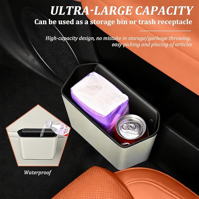 Car Trash Can, Small Waterproof Vehicle Trash Bin Garbage Container for Door Backseat, Multi-Purpose Automotive Interior Trash Bag Storage Organizer, Universal for Most Vehicles (Beige)