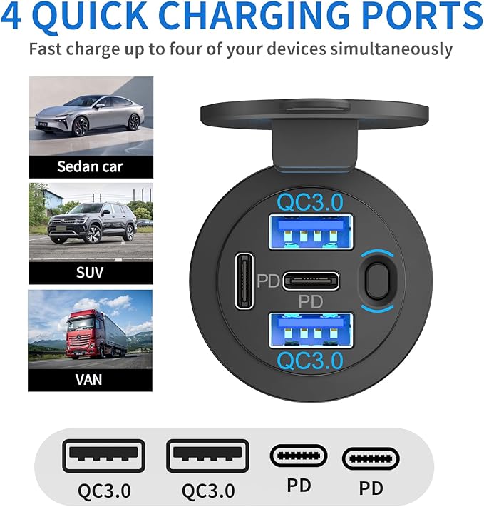 2 Pack Dual PD 30W USB C Port and Dual Quick Charge 3.0 Port 12V USB Outlet with Power Switch, 78W Multiport Car Charger Socket Waterproof DIY Accessories for Car Boat Marine Motorcycle RV ATV