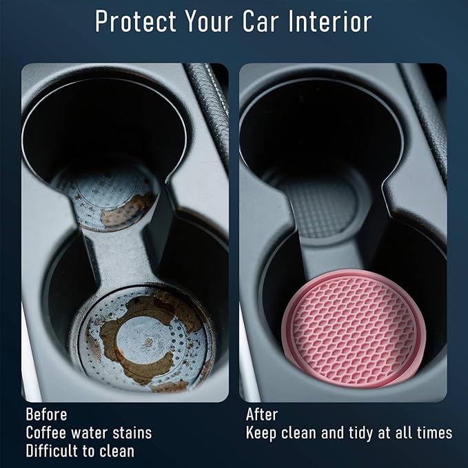 KULOLO Car Cup Holder Coaster 4 Pack - Non Slip & Shockproof,Flexible PVC Rubber Insert for Car/Truck/SUV/Van (2.75"x0.2") Universal Fit Auto Cup Holders Accessories for Women and Man (Pink)