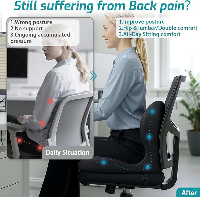 XZdream Memory Foam Seat Cushion,Office Chair Cushion with Lumbar Support for Back Pressure Relief,Sciatica,Car Seat Cushion with Adjustable Strap,Hip Pad Cushions for Car,Truck,Desk (D-Black)