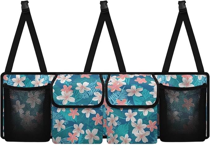 CLOHOMIN Hibiscus Trunk Organizer for Car Palm Leaves Car Backseat Hanging Organizer for SUV Van Cargo Storage Collapsible with 4 Pockets Adjustable Straps