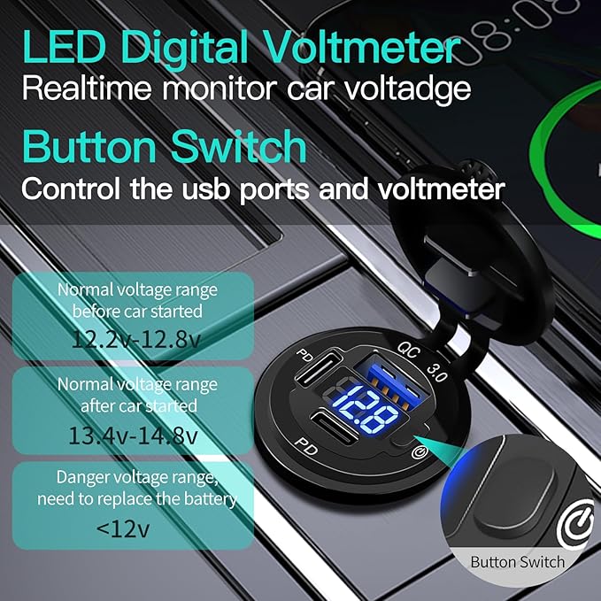 3 Port 12V USB Outlet Aluminum Car Charger, 78W Dual PD30W/QC3.0 Multiple USB Port with Voltmeter and Switch, USB C Cigarette Lighter Replacement 12 Volt Socket Waterproof for Marine Boat Truck RV