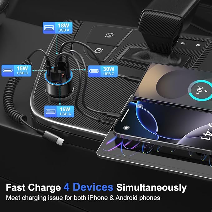 65W 4-Port Super Fast Car Charger Type C for Galaxy S25 S24 S23 Ultra S22 S21 A16 A53 A54 PD/QC3.0 Android Car Phone Charger USB C Cigarette Lighter Voltage Meter Adapter+5FT Type C Coiled Cable