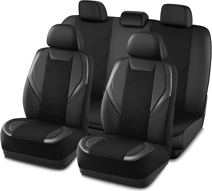 Road Comforts Car Seat Cover Full Set, Leather Mesh Seat Covers, Airbag Compatible, Universal Fit for Most Cars, SUVs, Trucks, and Vans - Black