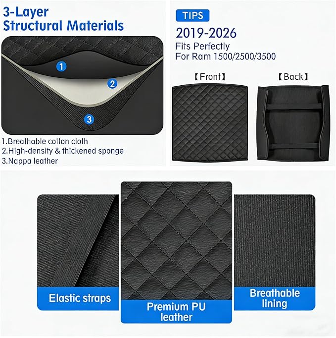 Center Console Cover Compatible with 2019-2026 Ram 1500, 2500,3500 Center Console Cover, Armrest Cushion Pad Cover, PU Leather Armrest Cushion Pad Cover Anti-Scratch for Ram 1500 Accessories