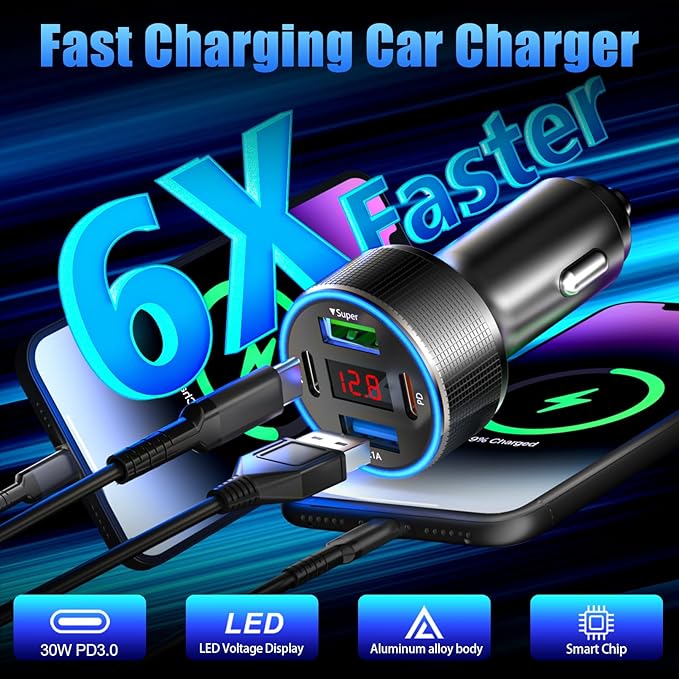 Car Charger USB C, 78W 4 Port Fast Charging Car Phone Charger Adapter, Dual USB-C & USB-A Cigarette Lighter Adapter with Voltmeter Vehicle Accessories for iPhone 17 16, iPad, Samsung, Android