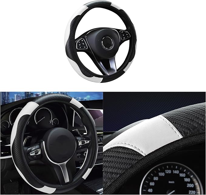 Car Steering Wheel Cover, 15 inch Carbon Fiber Microfiber PU Leather Elastic Steering Wheel Protector for Men Women, Universal Durable Car Decorative Fit for Most Cars, Trucks, SVU (White)