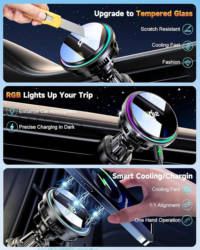Upgraded TEC&Fan Cooling Magnetic Wireless Car Charger, For Qi2 Magsafe Car Mount Fast Charging, Vacuum/Air Vent Car Phone Holder 120LBS Ultra Suction Cup 810° Dashboard Car Bracket for iPhone/Android