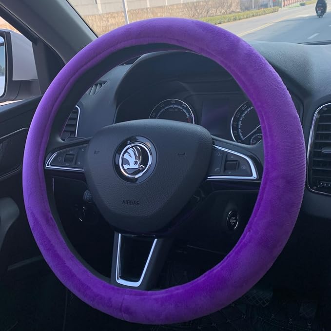 Fluffy Steering Wheel Cover, Short Plush Auto Accessories for Women with Inner Ring Universal 15 Inch (Purple)