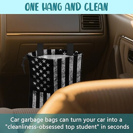 KXWQTRDD Car Garbage Bag Black and White American Flag Hanging Canvas Car Trash Bag Drawstring Car Back Seat Organizer for Car Back Front Seat Console with Adjustable Buckle